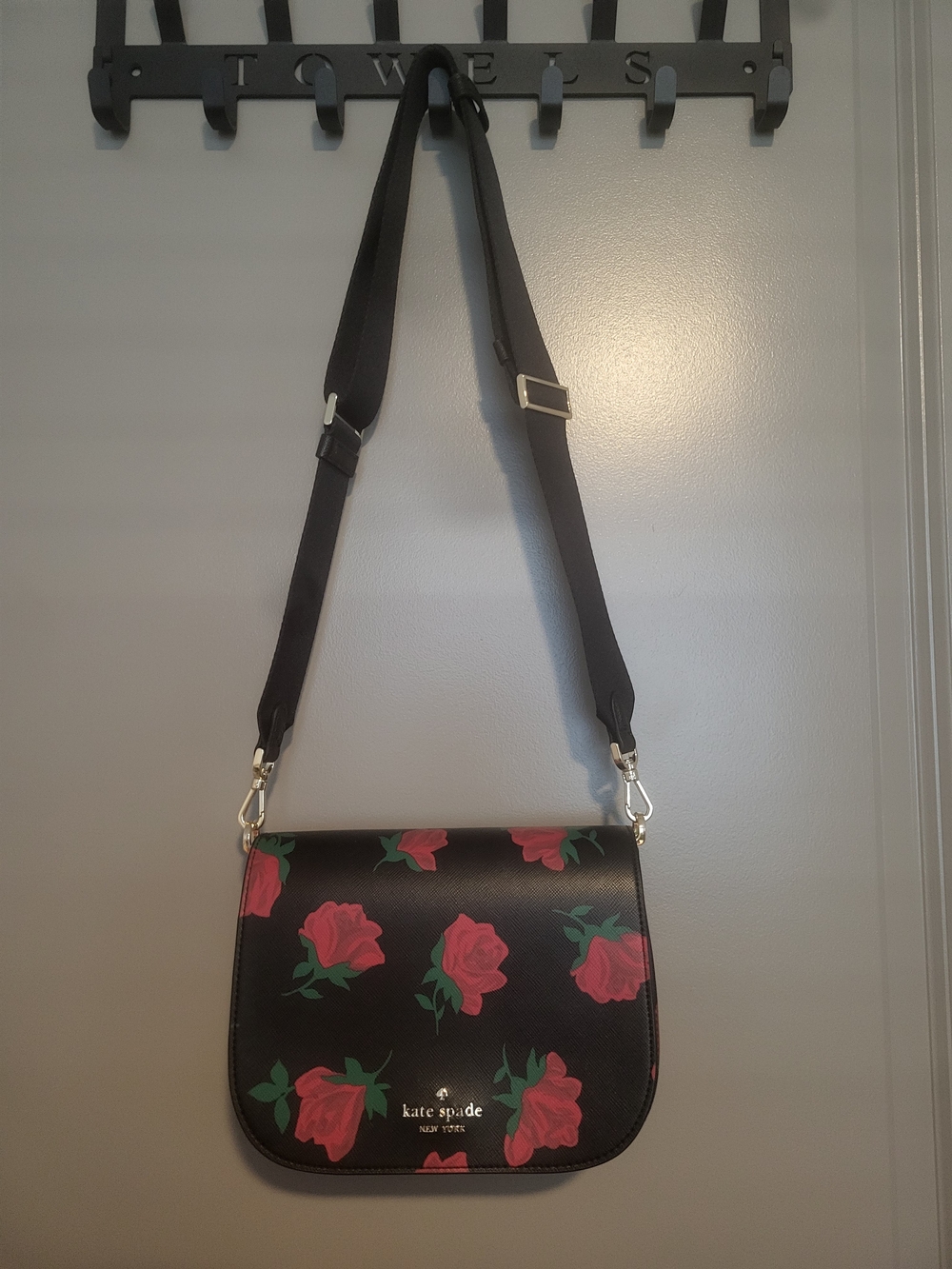 kate spade black crossbody with pink rose print